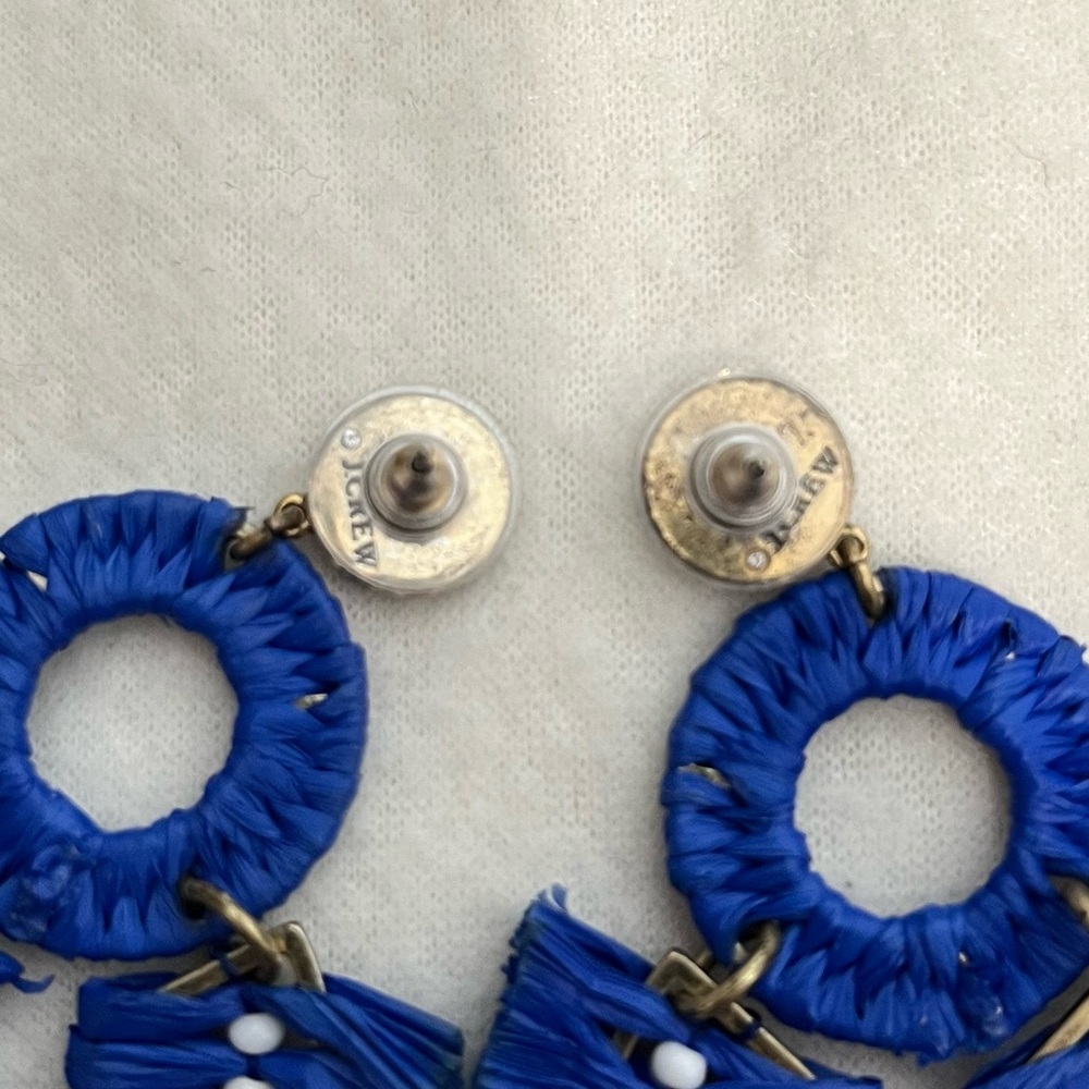J.Crew Raffia Fan Earring Cobalt Blue White Beads - Picture 6 of 6